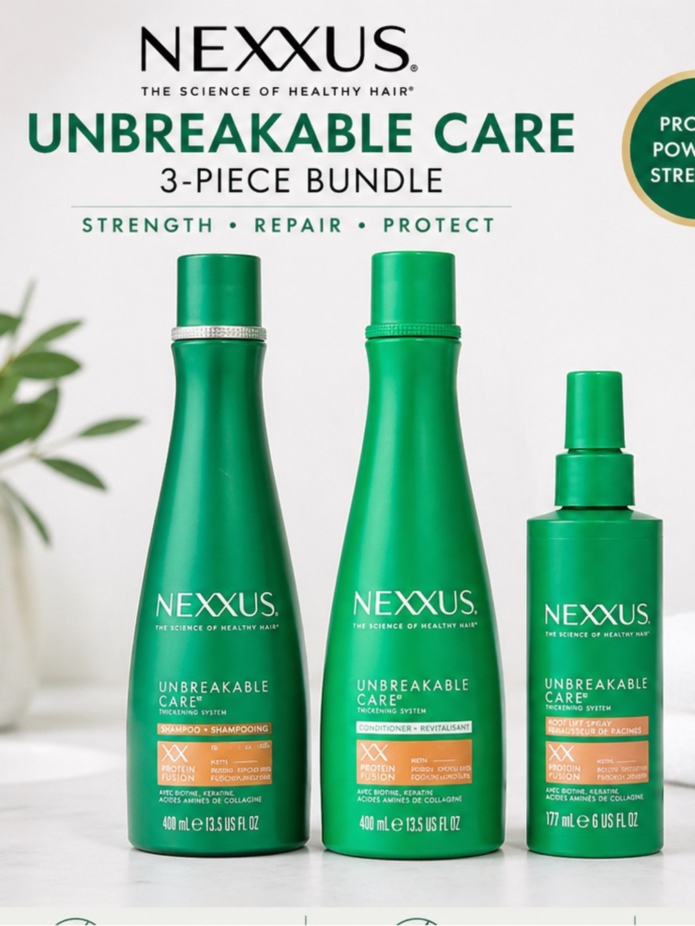 NEXXUS 3 pc Unbreakable Care Bundle Thickening Shampoo, Conditioner & Root Lift